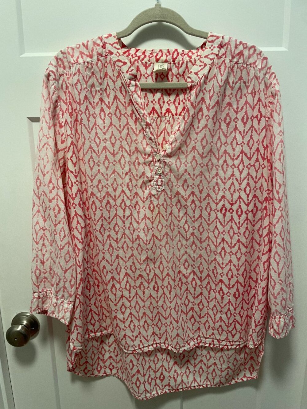 Yala Organic Cotton Ikat Diamond Henley Split V Neck Tunic Blouse Top Pink XL